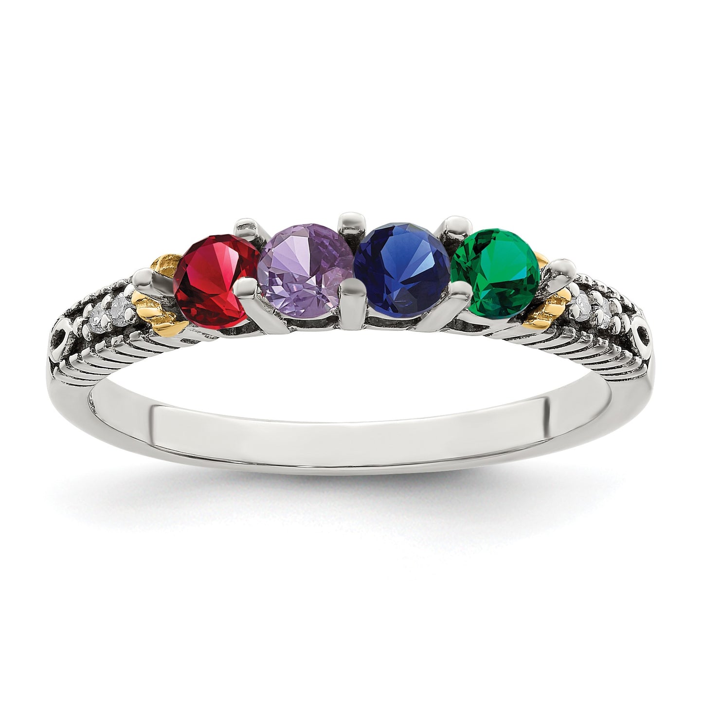 Sterling Silver Antiqued w/14k 4-stone w/Diamond Mother's Ring Semi-Mount