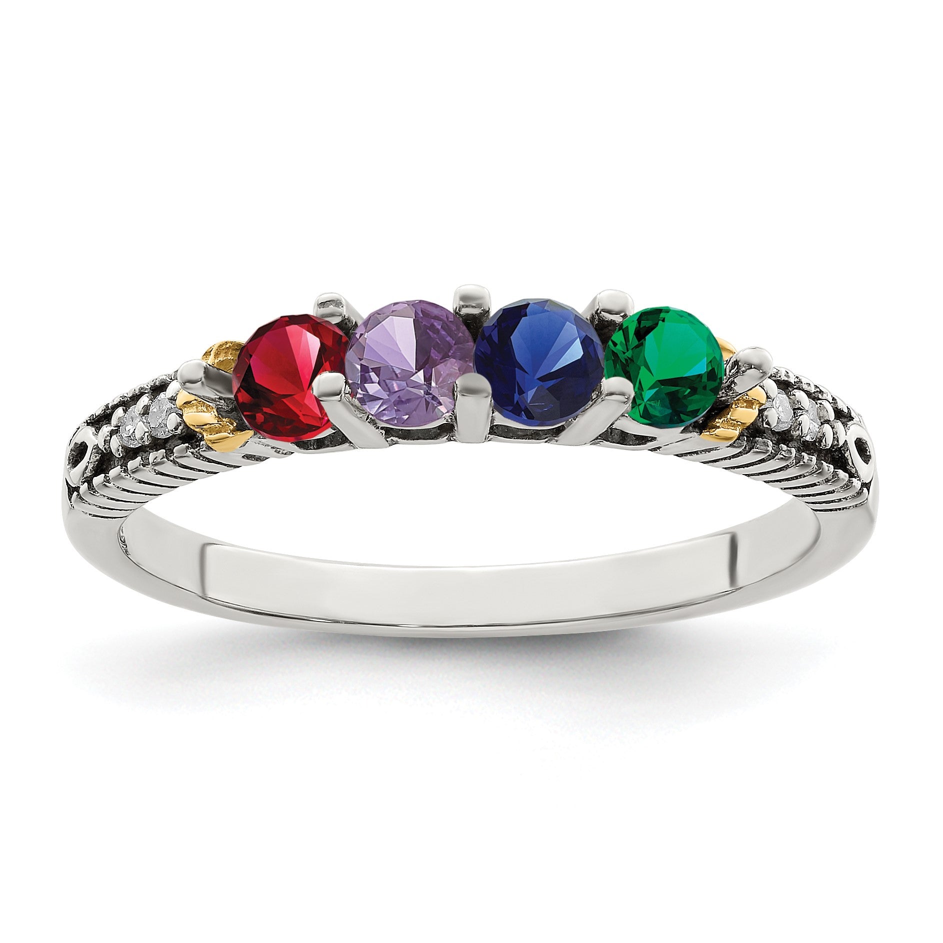 Sterling Silver Antiqued w/14k 4-stone w/Diamond Mother's Ring Semi-Mount