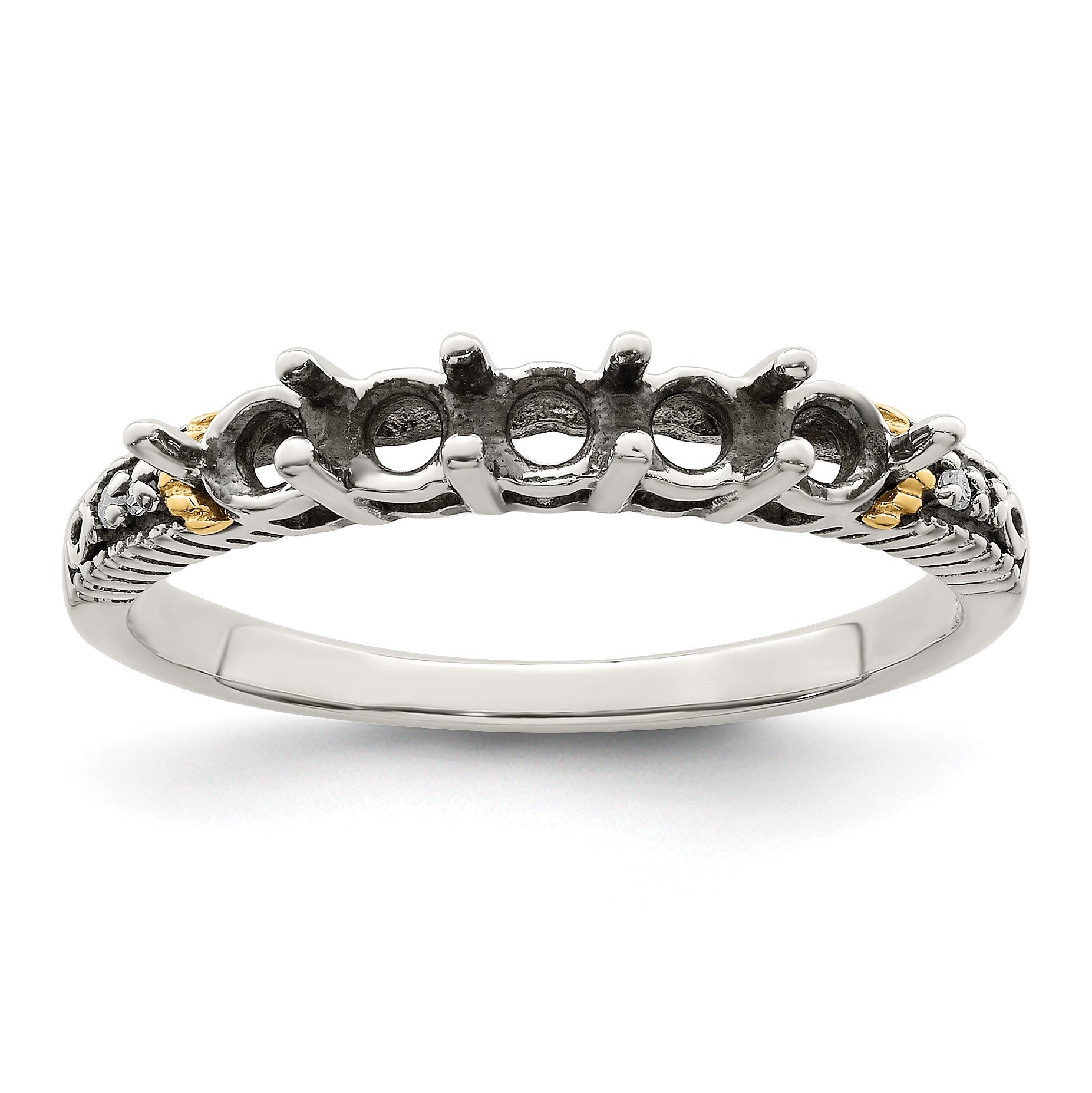 Sterling Silver Antiqued w/14k 5-stone w/Diamond Mother's Ring Semi-Mount