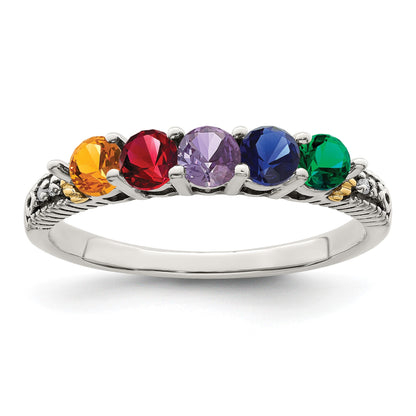 Sterling Silver Antiqued w/14k 5-stone w/Diamond Mother's Ring Semi-Mount