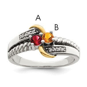 Sterling Silver Antiqued w/14k 2-stone w/Diamond Mother's Ring Semi-Mount