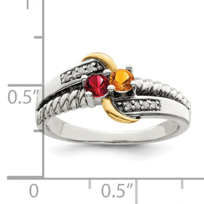 Sterling Silver Antiqued w/14k 2-stone w/Diamond Mother's Ring Semi-Mount
