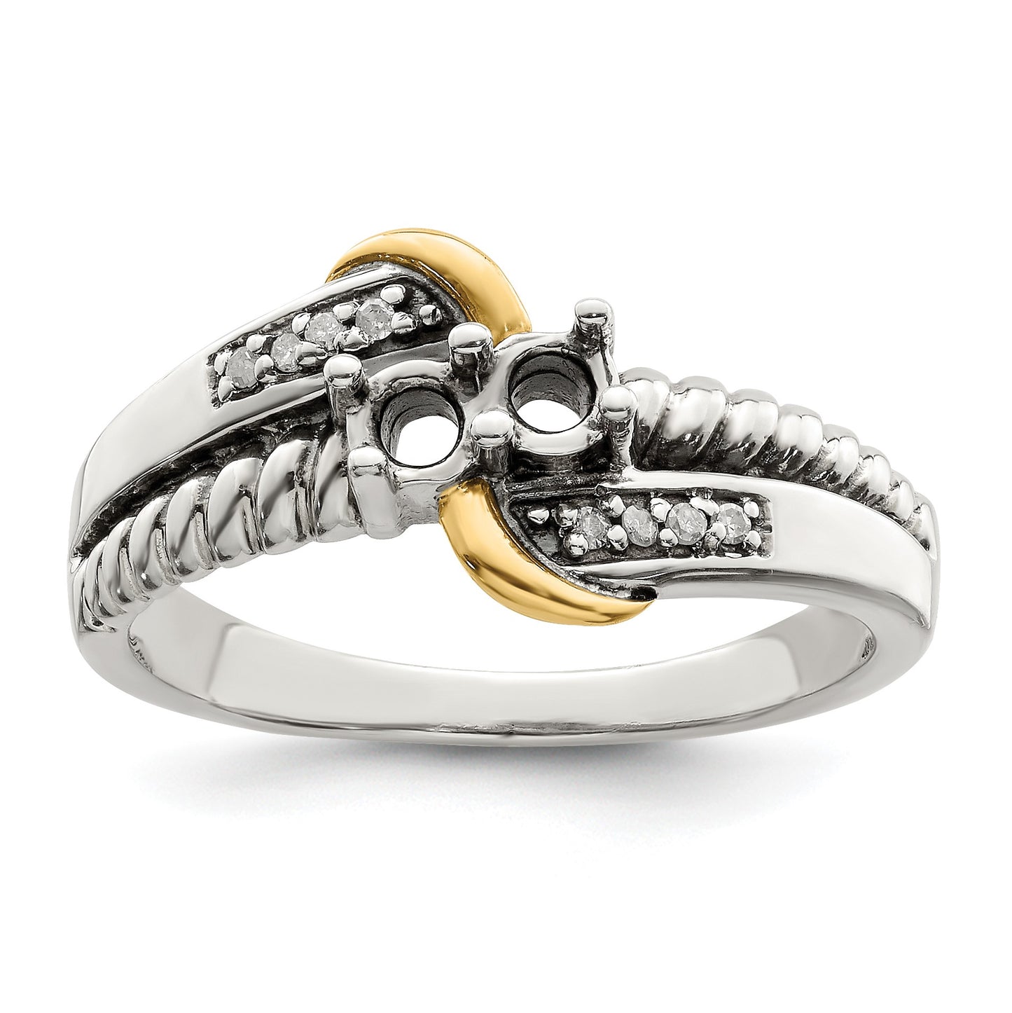 Sterling Silver Antiqued w/14k 2-stone w/Diamond Mother's Ring Semi-Mount
