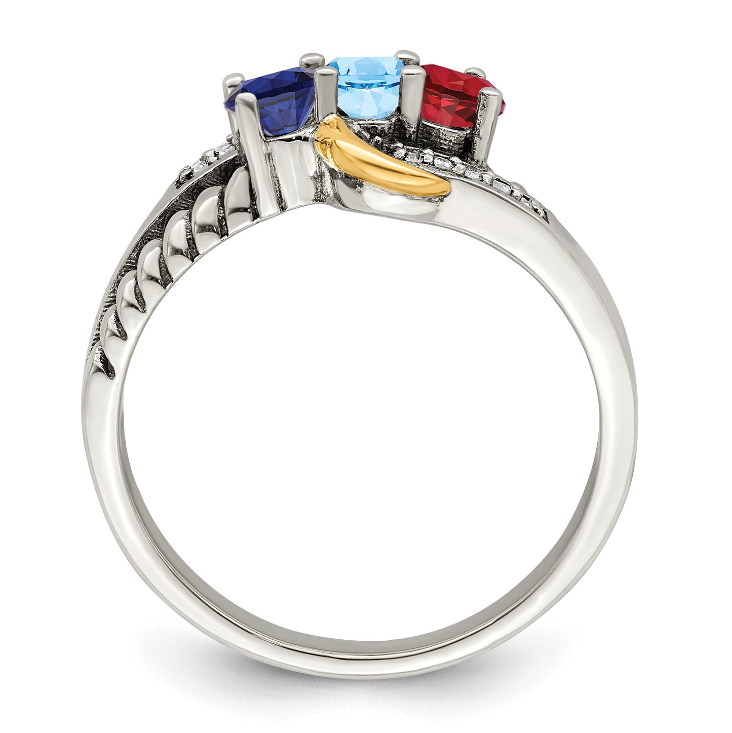 Sterling Silver Antiqued w/14k 3-stone w/Diamond Mother's Ring Semi-Mount