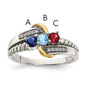 Sterling Silver Antiqued w/14k 3-stone w/Diamond Mother's Ring Semi-Mount