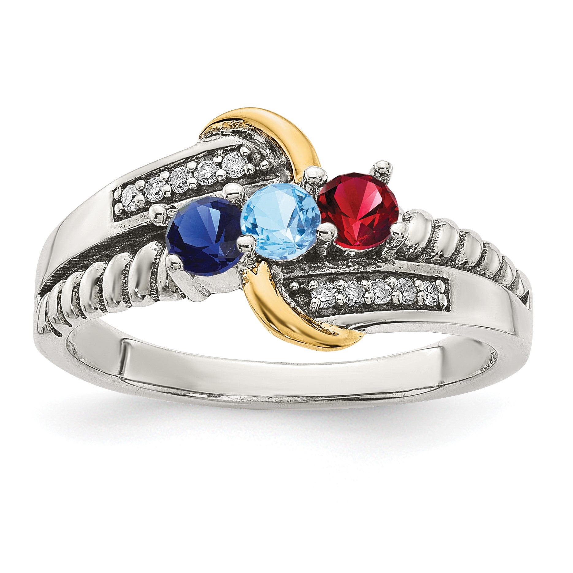 Sterling Silver Antiqued w/14k 3-stone w/Diamond Mother's Ring Semi-Mount
