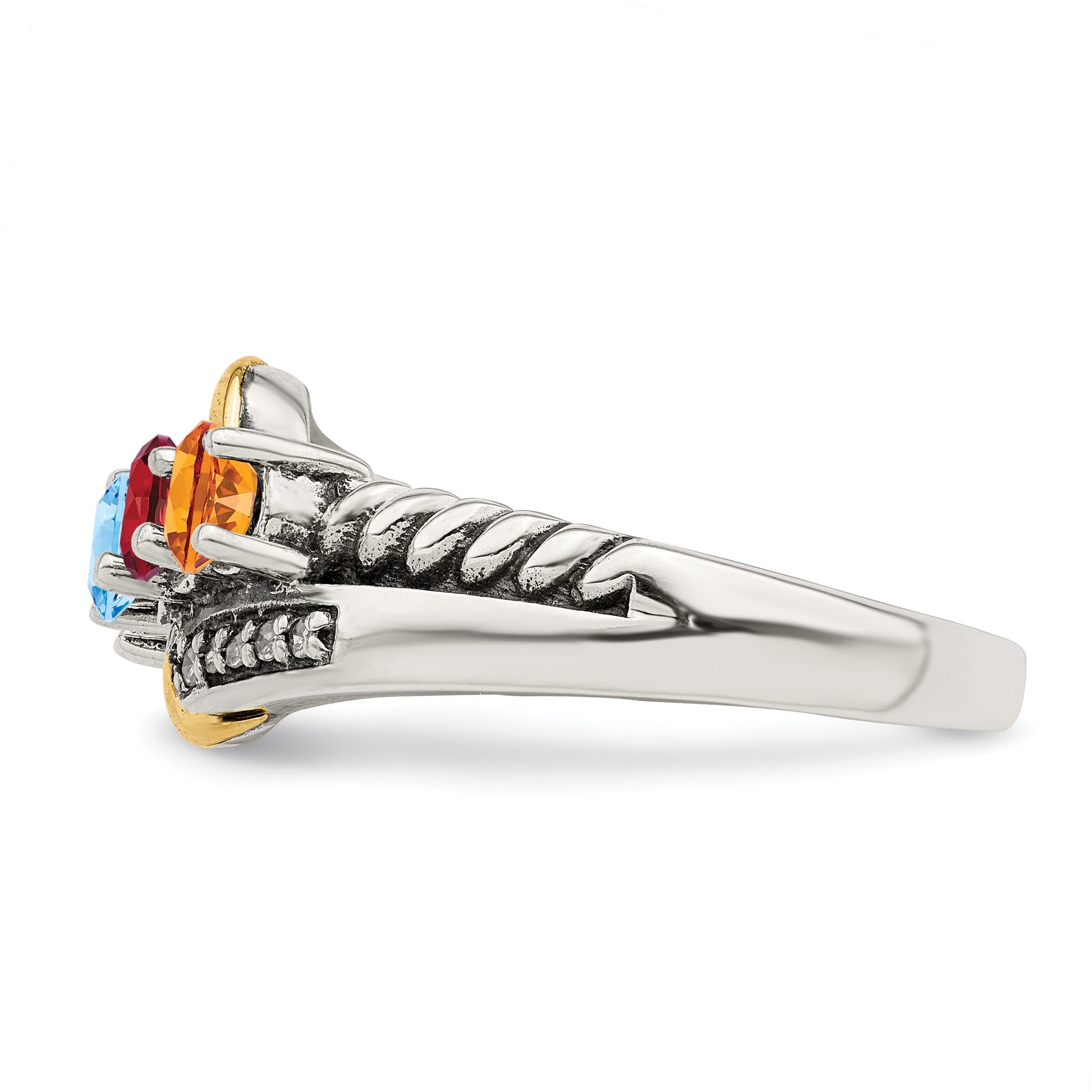 Sterling Silver Antiqued w/14k 4-stone w/Diamond Mother's Ring Semi-Mount