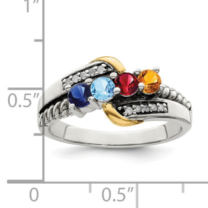 Sterling Silver Antiqued w/14k 4-stone w/Diamond Mother's Ring Semi-Mount
