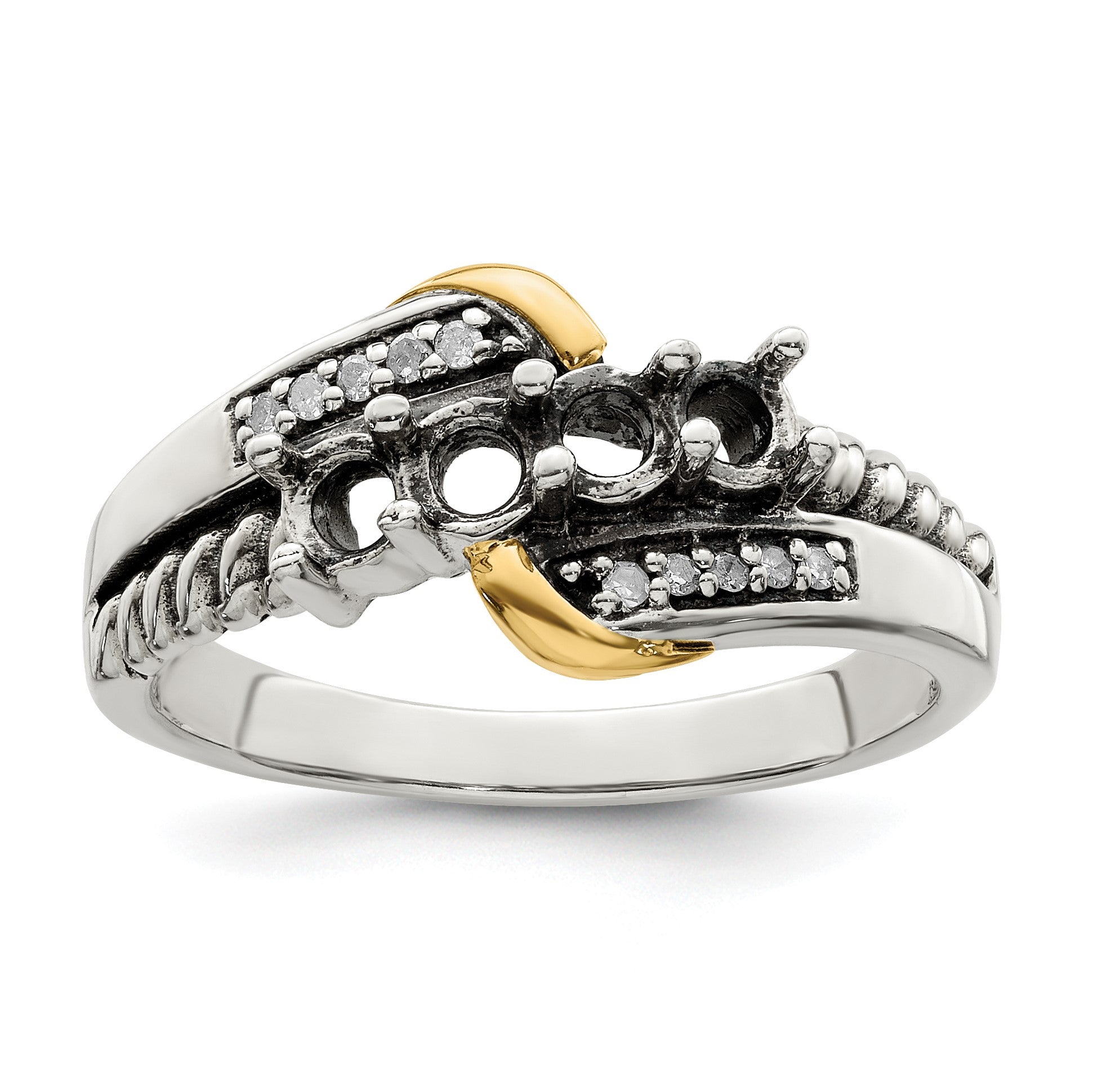 Sterling Silver Antiqued w/14k 4-stone w/Diamond Mother's Ring Semi-Mount