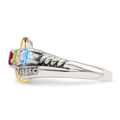 Sterling Silver Antiqued w/14k 5-stone w/Diamond Mother's Ring Semi-Mount