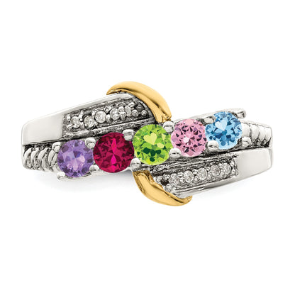 Sterling Silver Antiqued w/14k 5-stone w/Diamond Mother's Ring Semi-Mount