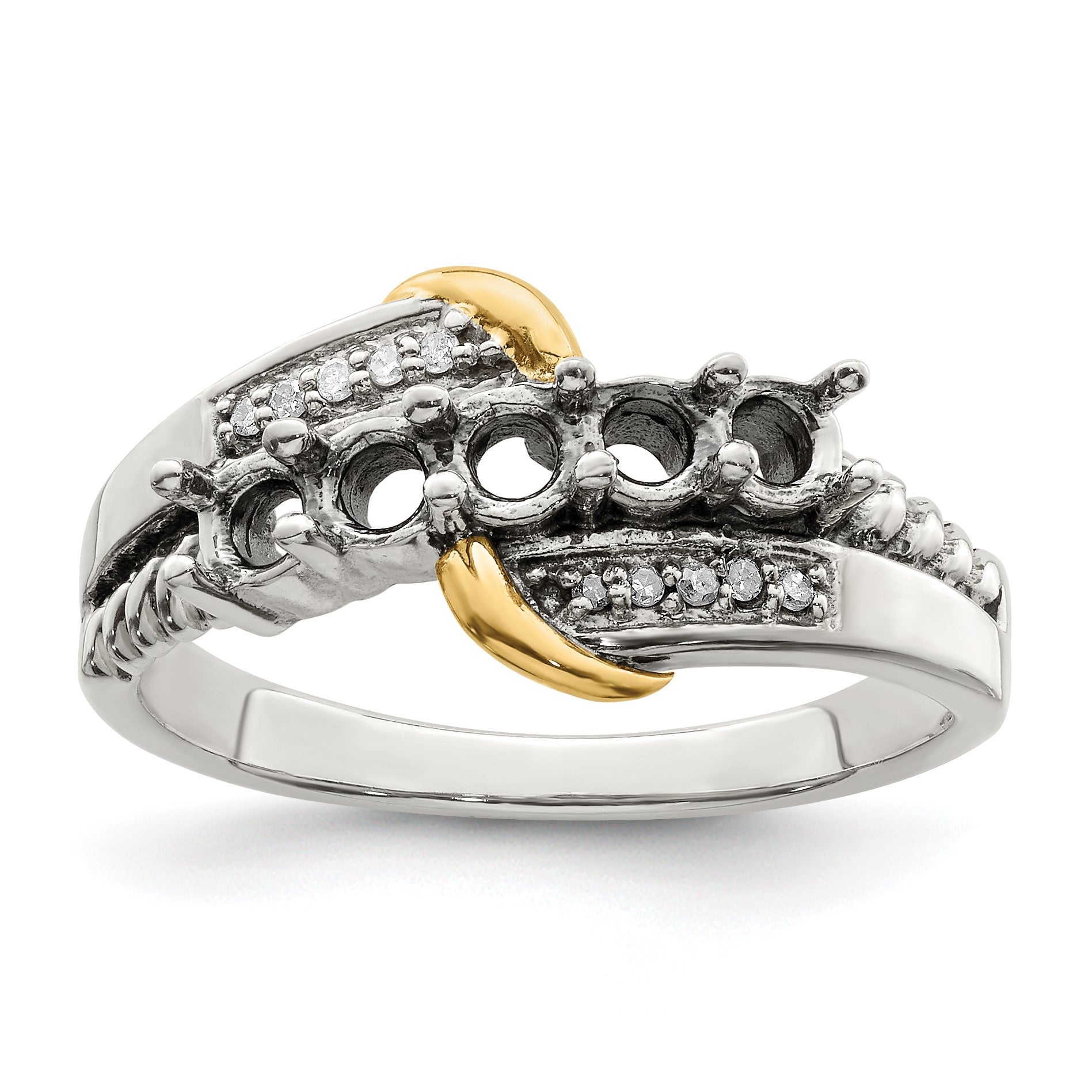 Sterling Silver Antiqued w/14k 5-stone w/Diamond Mother's Ring Semi-Mount