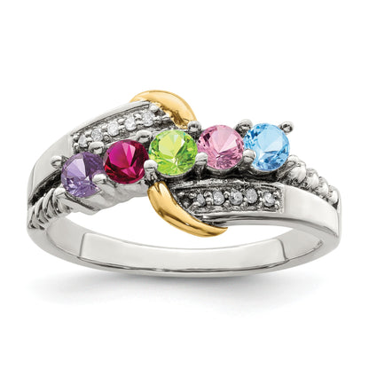 Sterling Silver Antiqued w/14k 5-stone w/Diamond Mother's Ring Semi-Mount