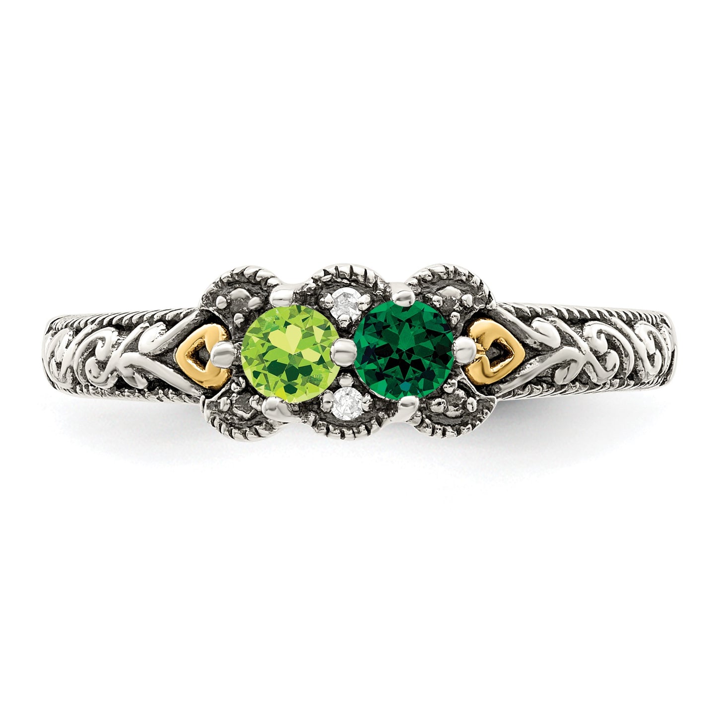 Sterling Silver Antiqued w/14k 2-stone w/Diamond Mother's Ring Semi-Mount