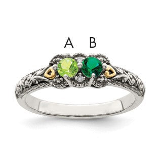 Sterling Silver Antiqued w/14k 2-stone w/Diamond Mother's Ring Semi-Mount