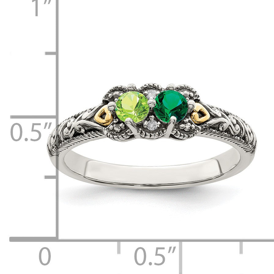 Sterling Silver Antiqued w/14k 2-stone w/Diamond Mother's Ring Semi-Mount