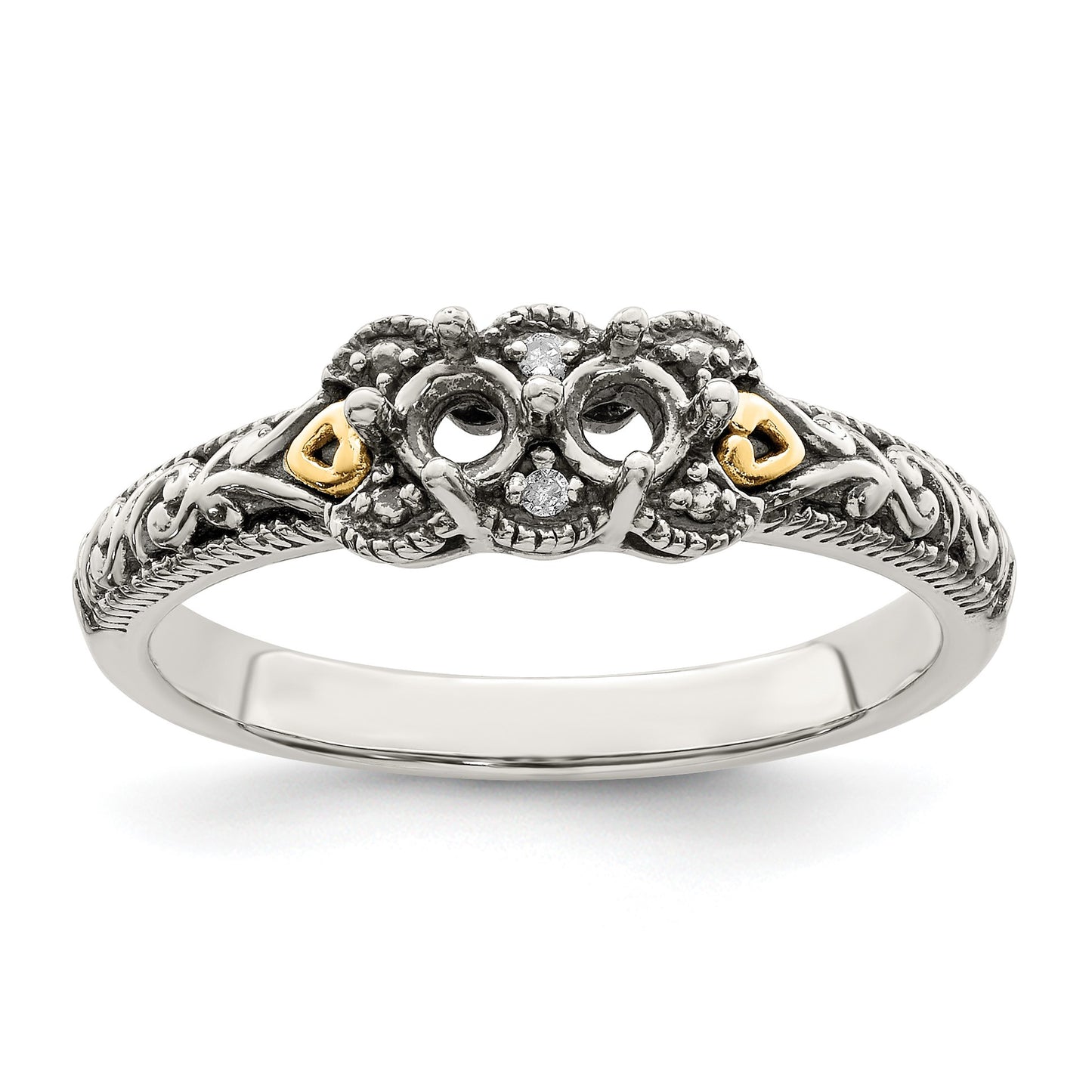 Sterling Silver Antiqued w/14k 2-stone w/Diamond Mother's Ring Semi-Mount