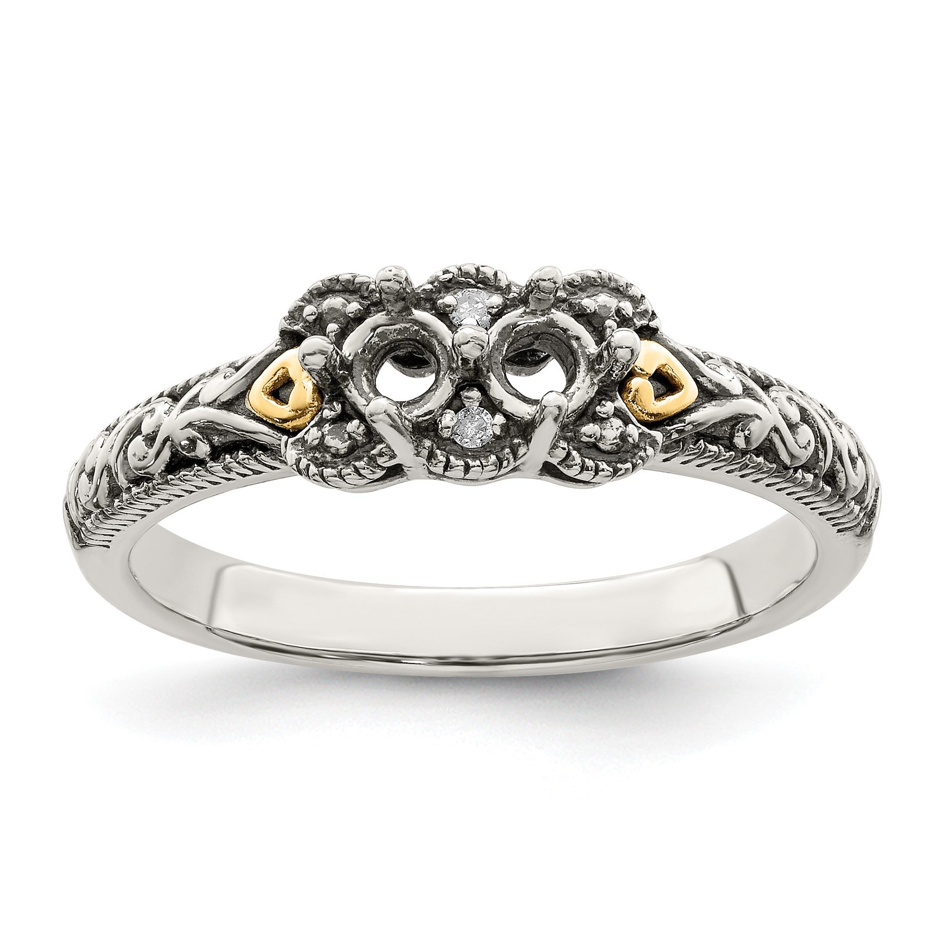 Sterling Silver Antiqued w/14k 2-stone w/Diamond Mother's Ring Semi-Mount