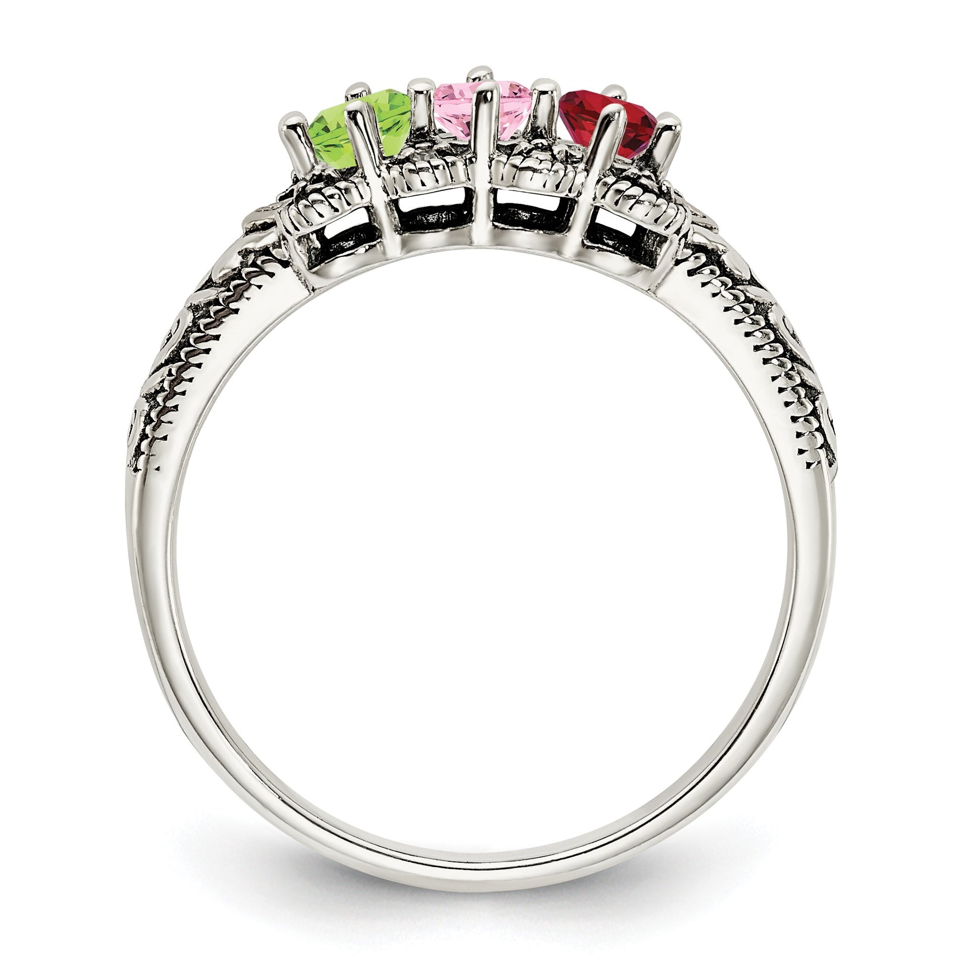 Sterling Silver Antiqued w/14k 3-stone w/Diamond Mother's Ring Semi-Mount