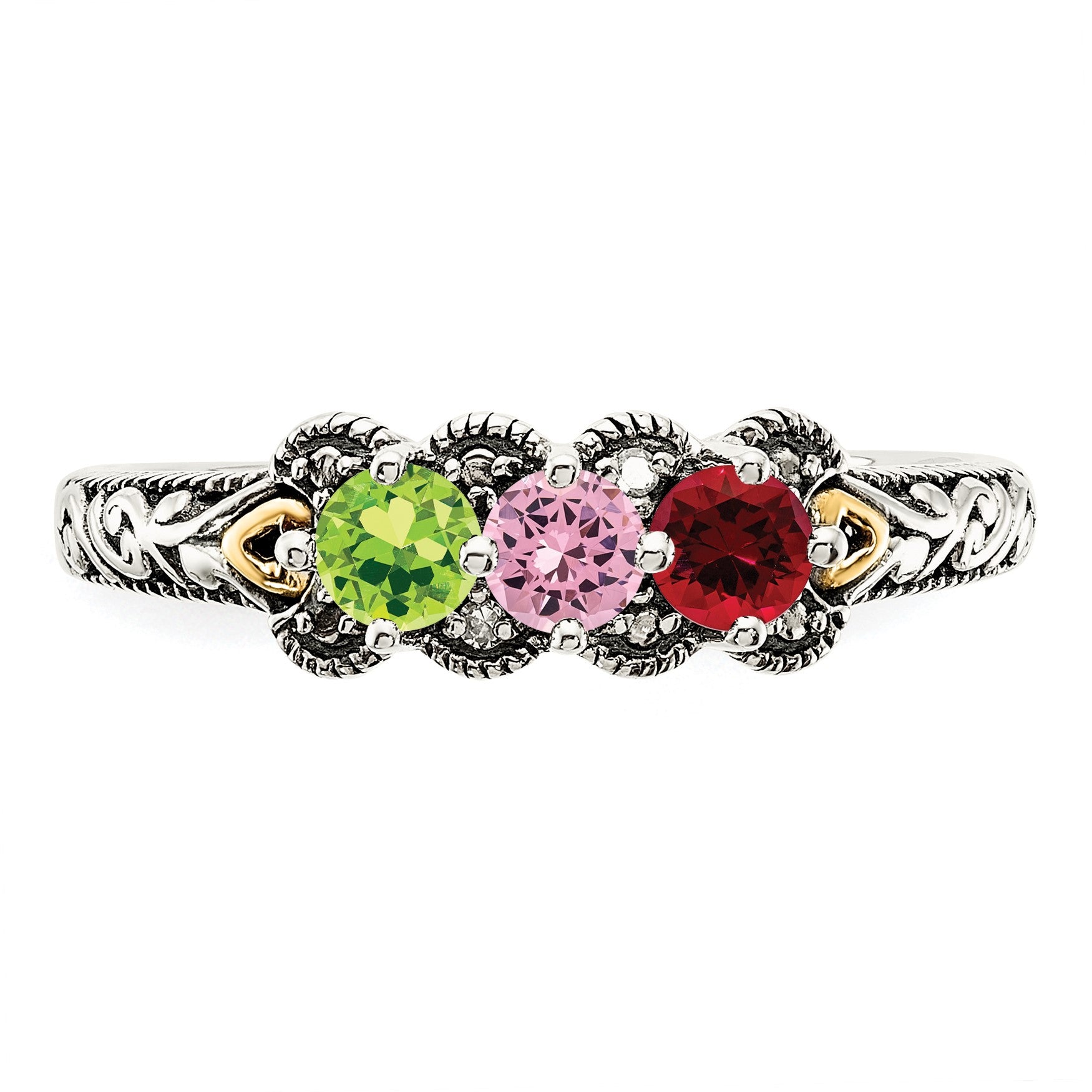 Sterling Silver Antiqued w/14k 3-stone w/Diamond Mother's Ring Semi-Mount