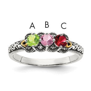 Sterling Silver Antiqued w/14k 3-stone w/Diamond Mother's Ring Semi-Mount