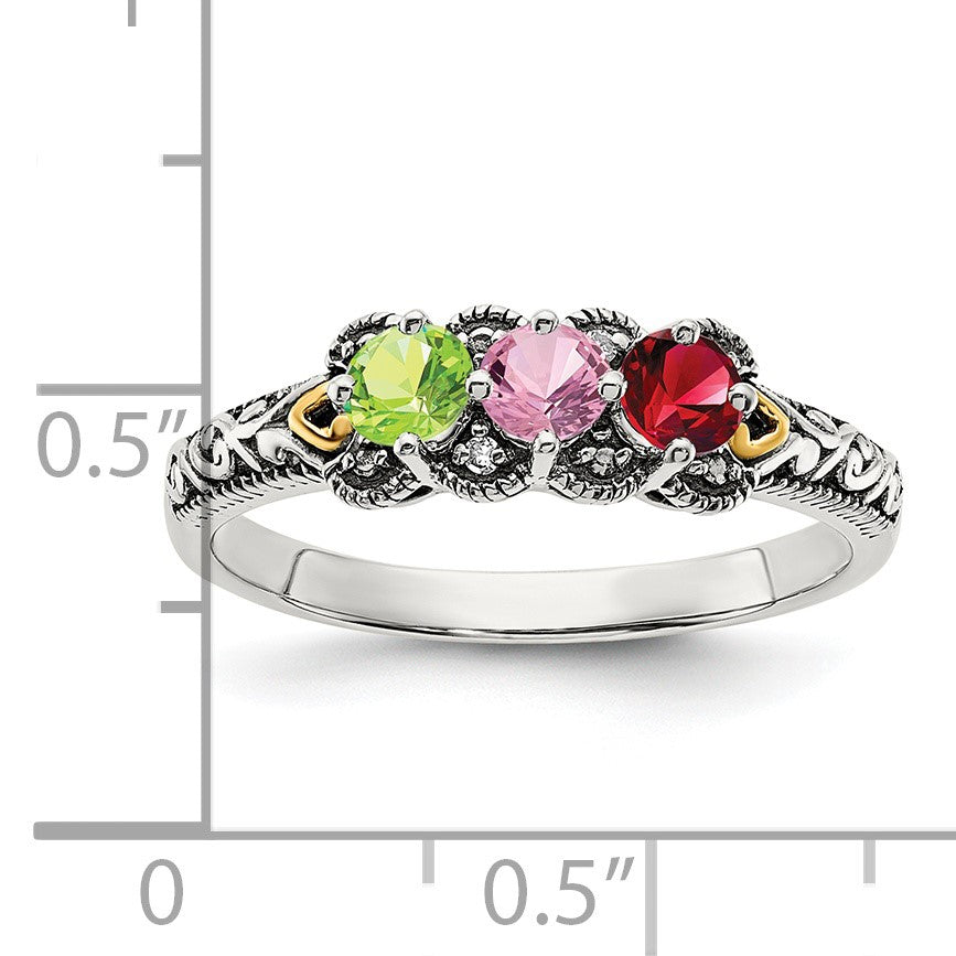 Sterling Silver Antiqued w/14k 3-stone w/Diamond Mother's Ring Semi-Mount