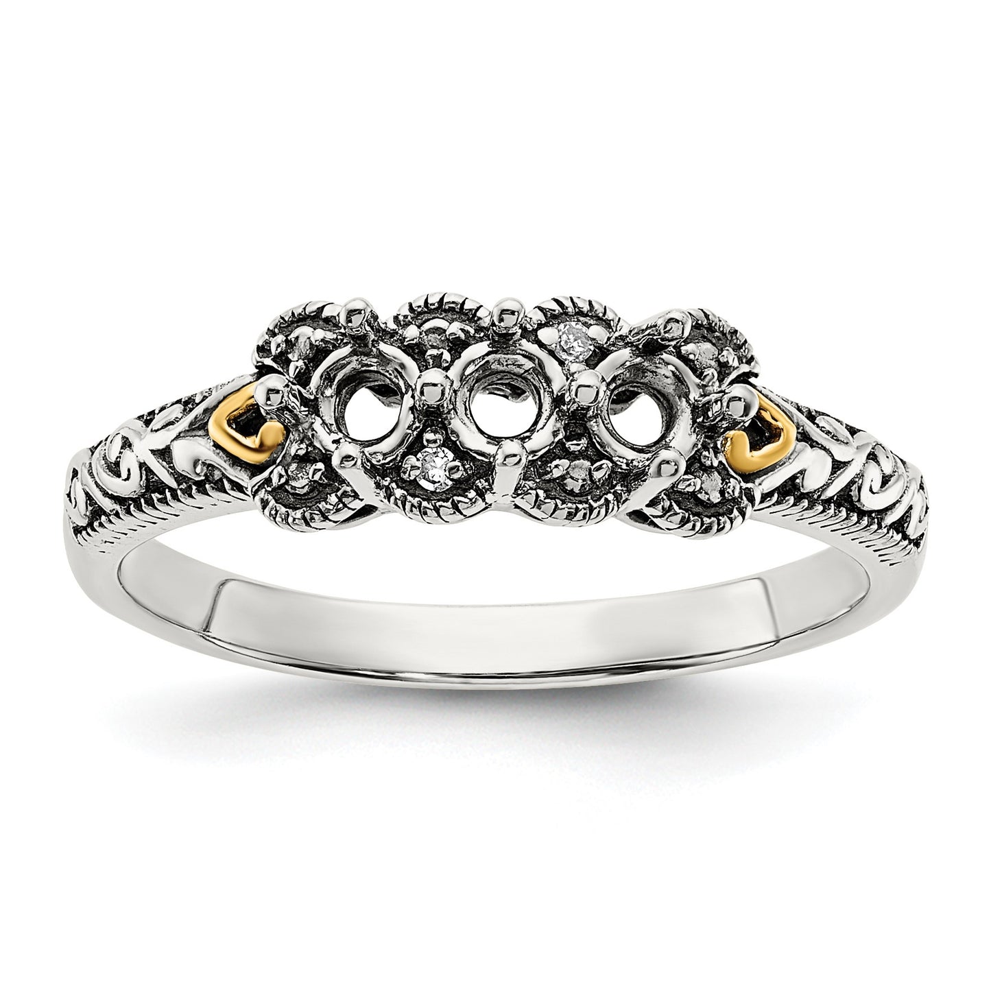 Sterling Silver Antiqued w/14k 3-stone w/Diamond Mother's Ring Semi-Mount