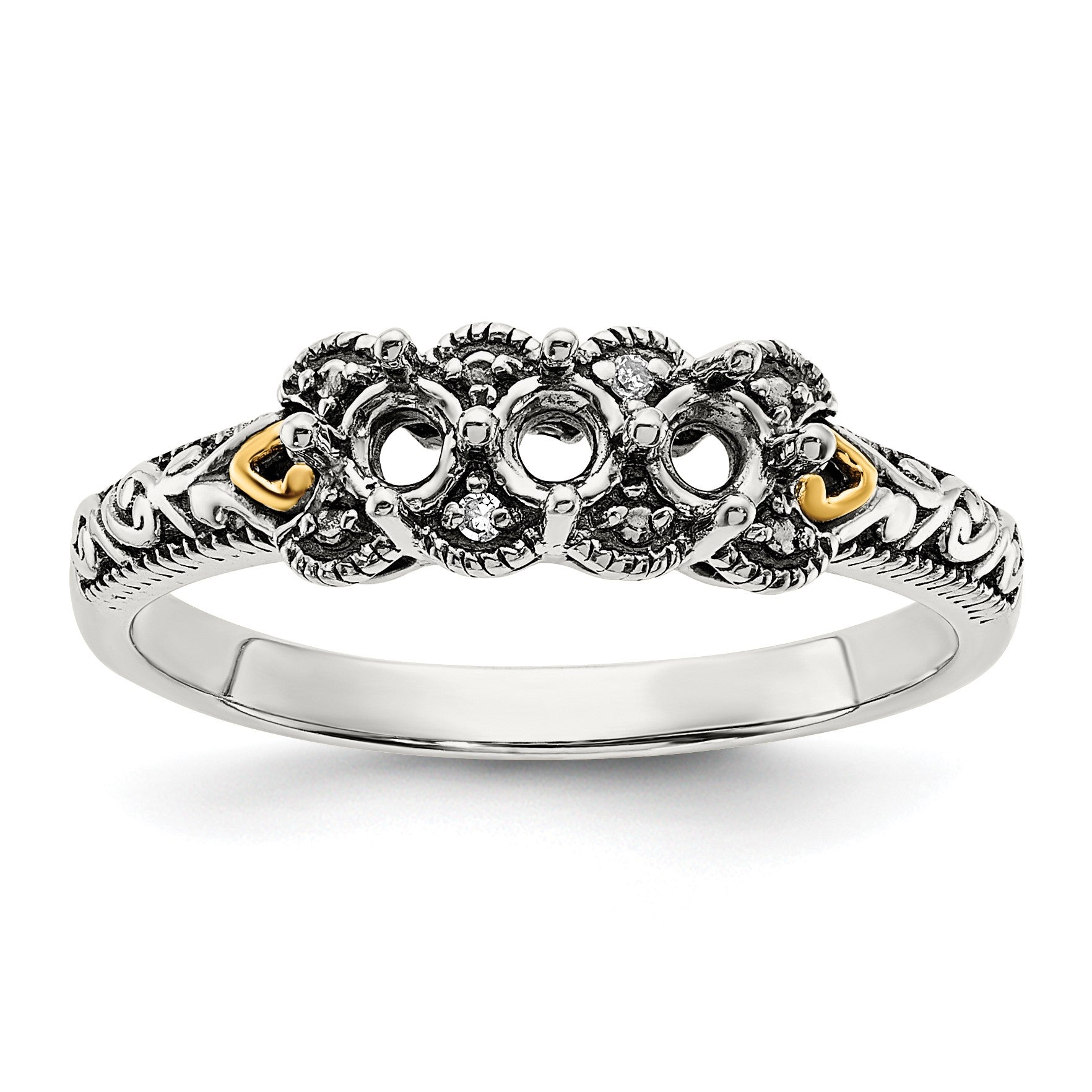Sterling Silver Antiqued w/14k 3-stone w/Diamond Mother's Ring Semi-Mount