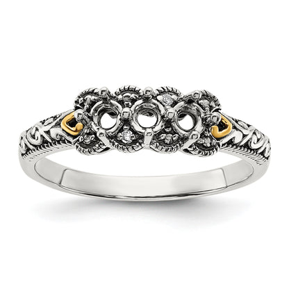 Sterling Silver Antiqued w/14k 3-stone w/Diamond Mother's Ring Semi-Mount