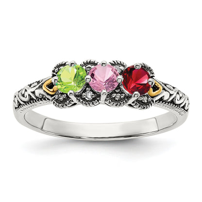 Sterling Silver Antiqued w/14k 3-stone w/Diamond Mother's Ring Semi-Mount