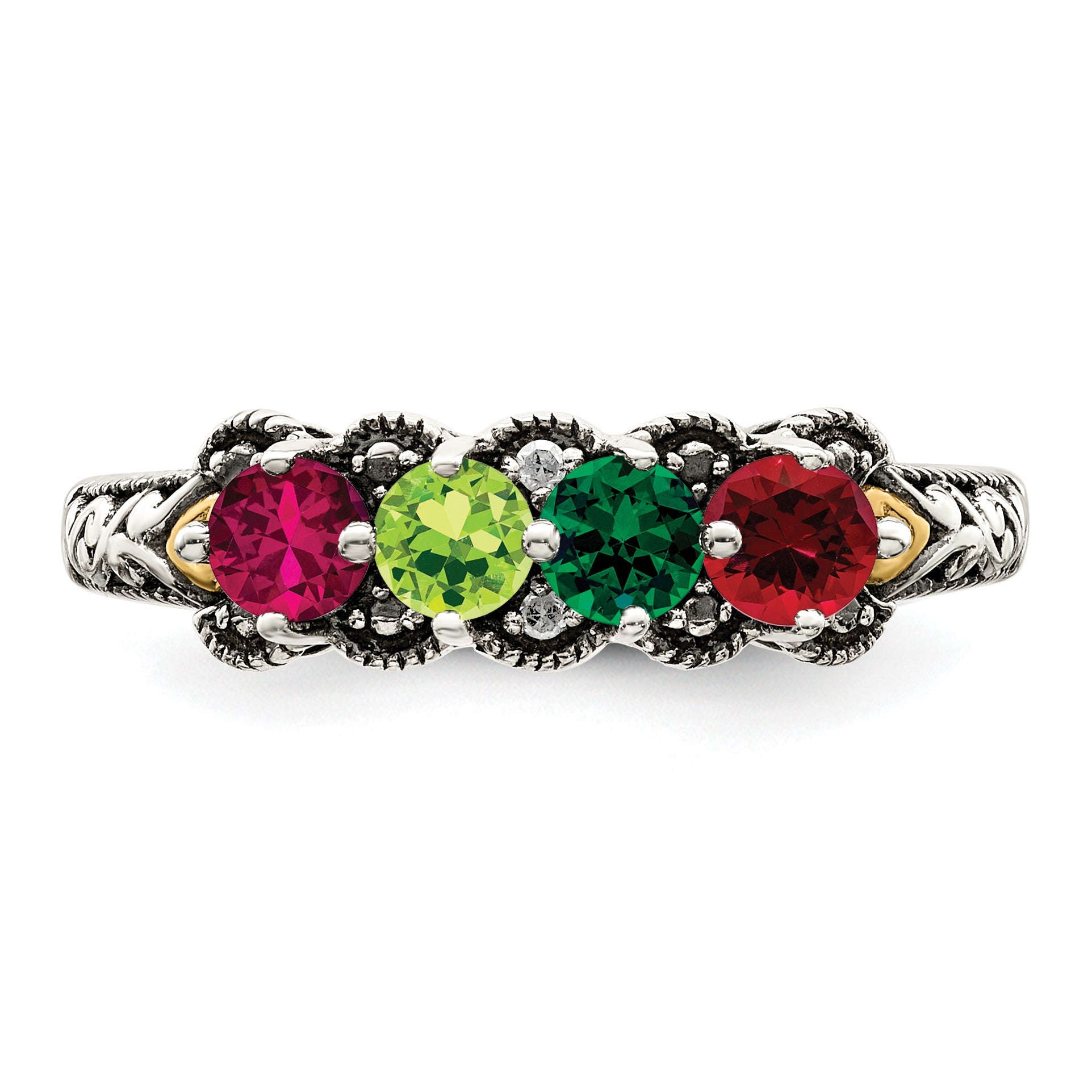Sterling Silver Antiqued w/14k 4-stone w/Diamond Mother's Ring Semi-Mount