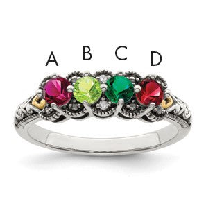 Sterling Silver Antiqued w/14k 4-stone w/Diamond Mother's Ring Semi-Mount