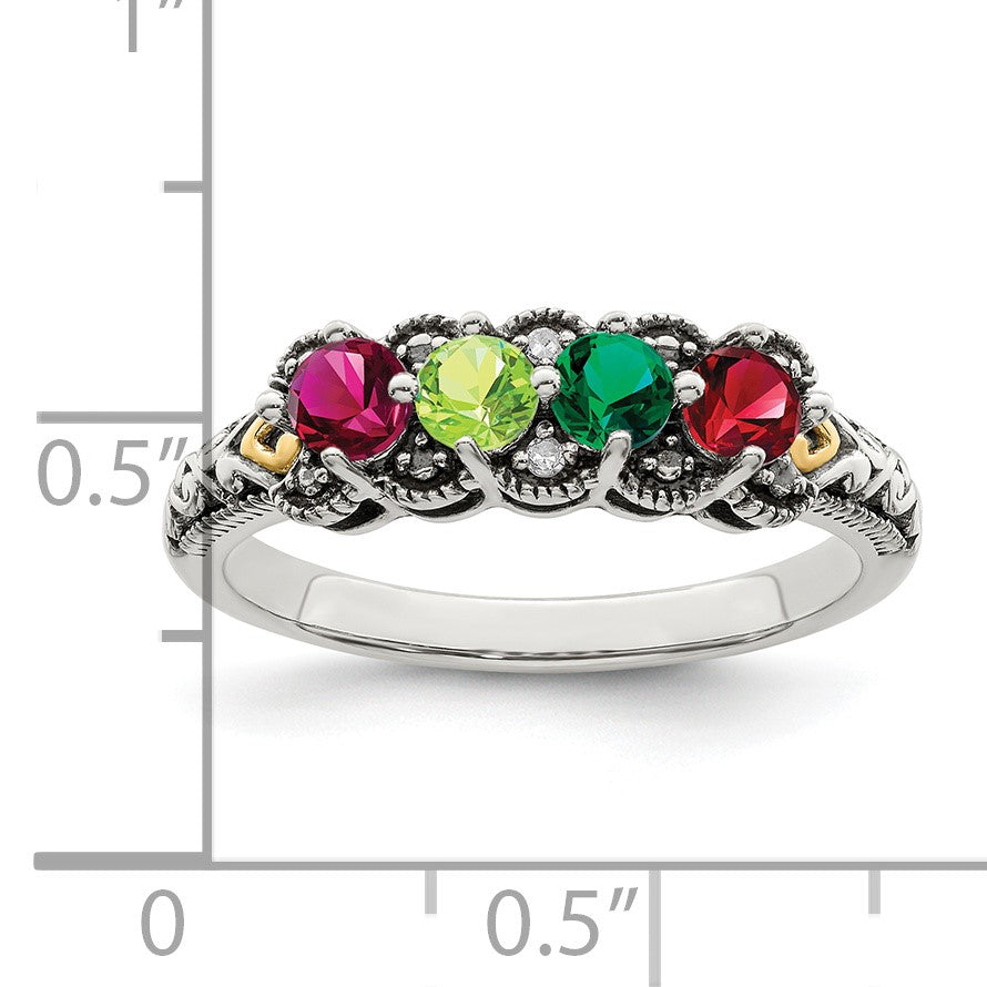 Sterling Silver Antiqued w/14k 4-stone w/Diamond Mother's Ring Semi-Mount