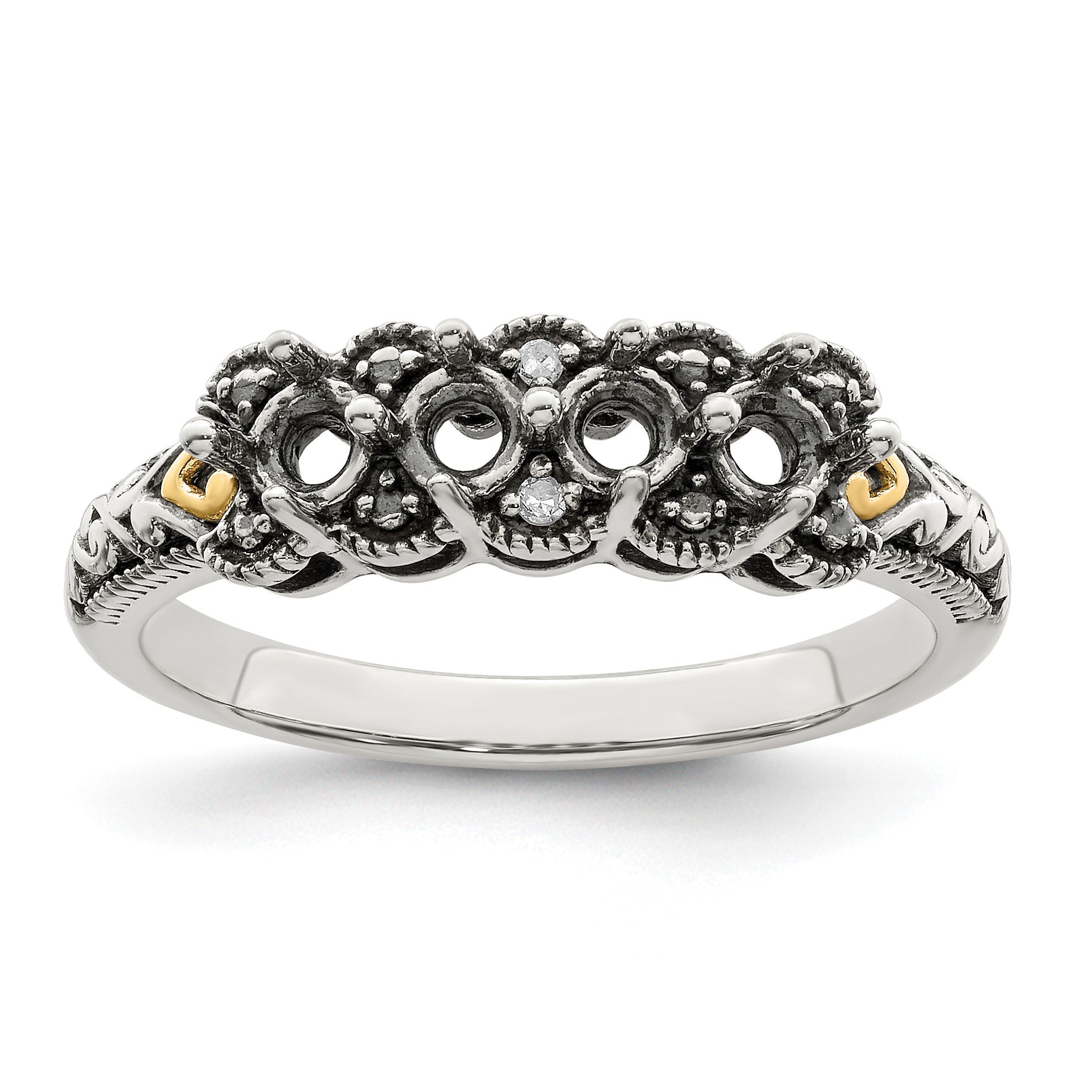 Sterling Silver Antiqued w/14k 4-stone w/Diamond Mother's Ring Semi-Mount