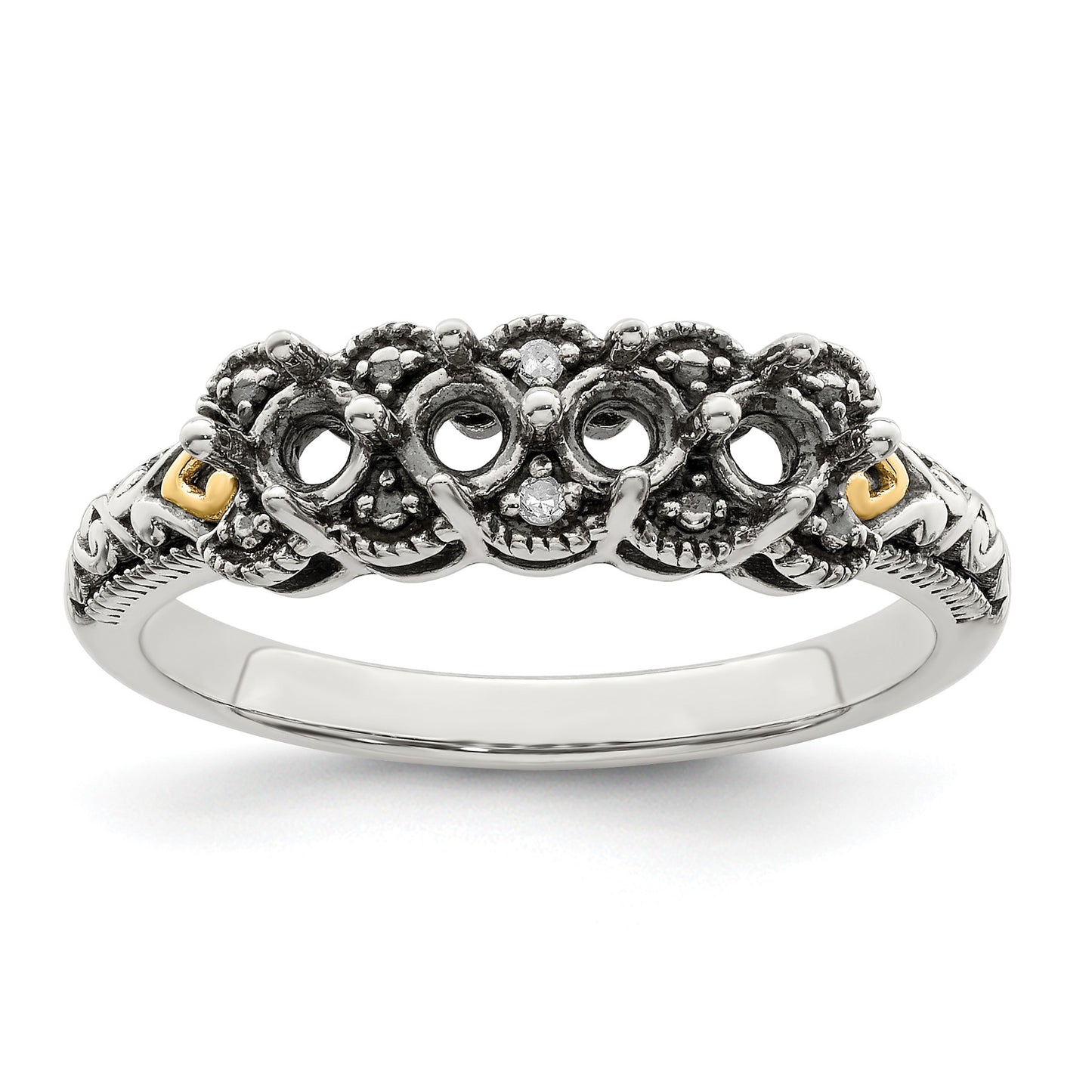 Sterling Silver Antiqued w/14k 4-stone w/Diamond Mother's Ring Semi-Mount