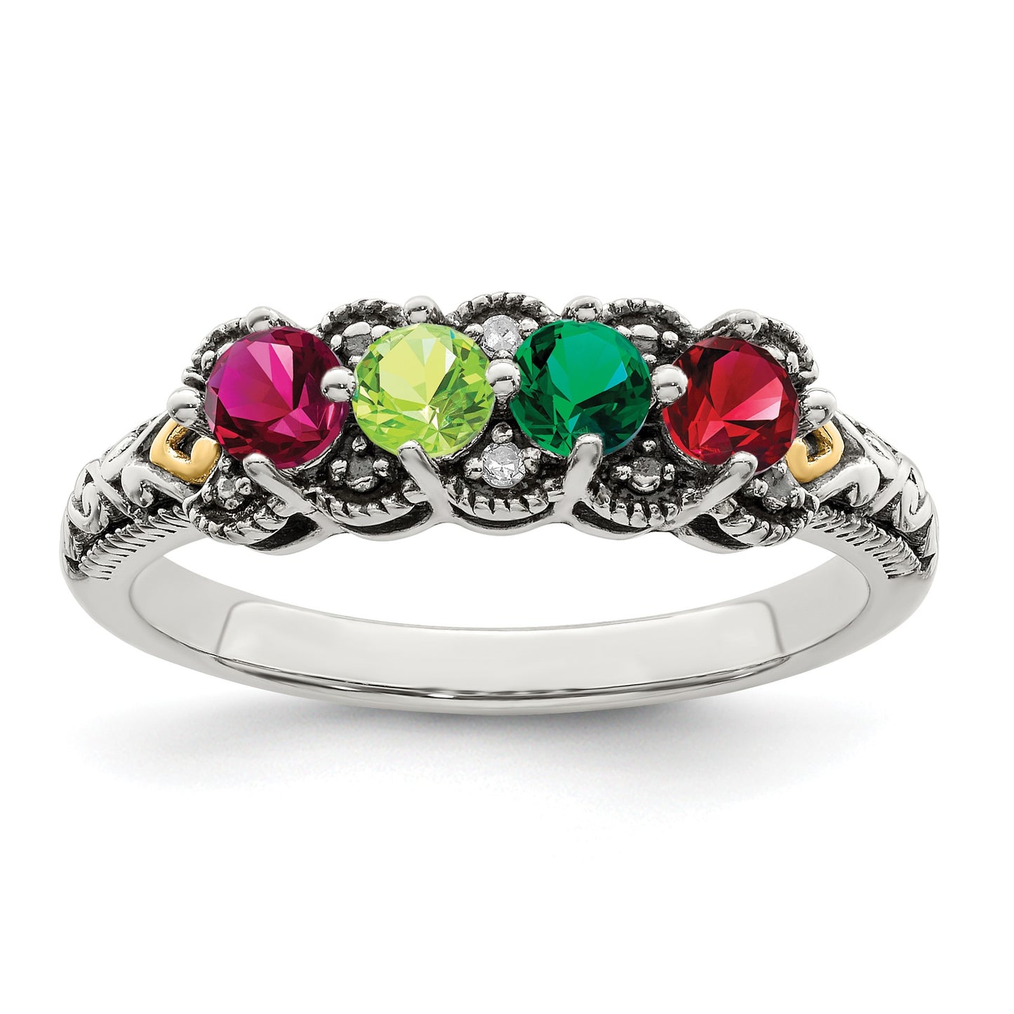 Sterling Silver Antiqued w/14k 4-stone w/Diamond Mother's Ring Semi-Mount