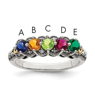 Sterling Silver Antiqued w/14k 5-stone w/Diamond Mother's Ring Semi-Mount