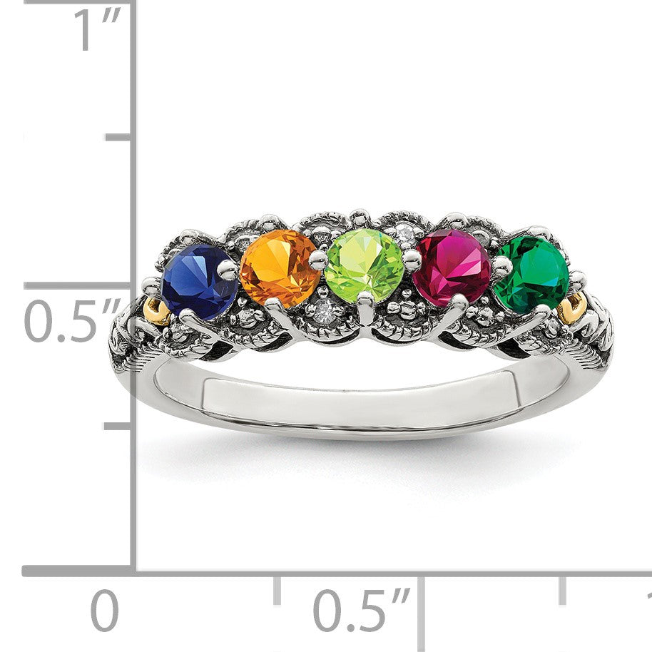 Sterling Silver Antiqued w/14k 5-stone w/Diamond Mother's Ring Semi-Mount