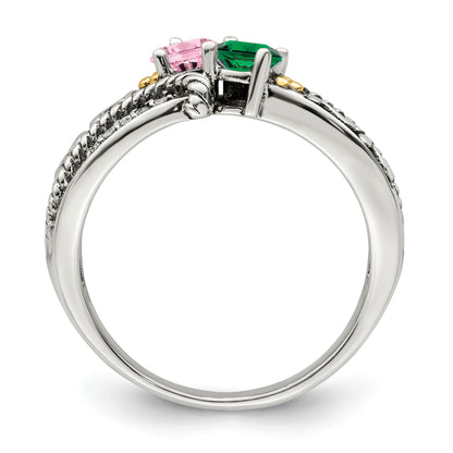 Sterling Silver Antiqued w/14k 2-stone w/Diamond Mother's Ring Semi-Mount