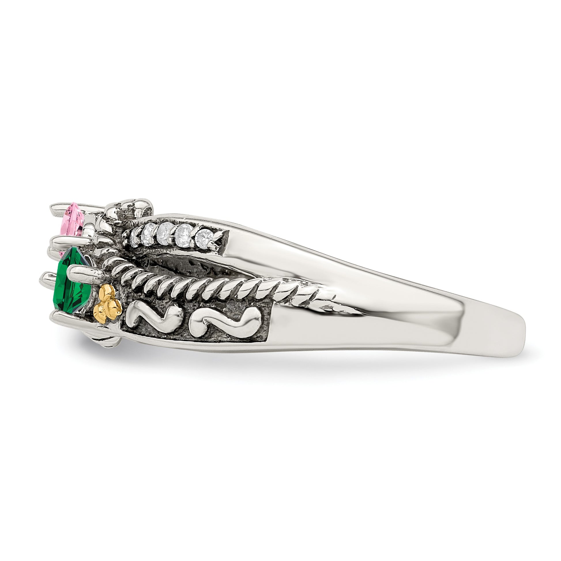Sterling Silver Antiqued w/14k 2-stone w/Diamond Mother's Ring Semi-Mount