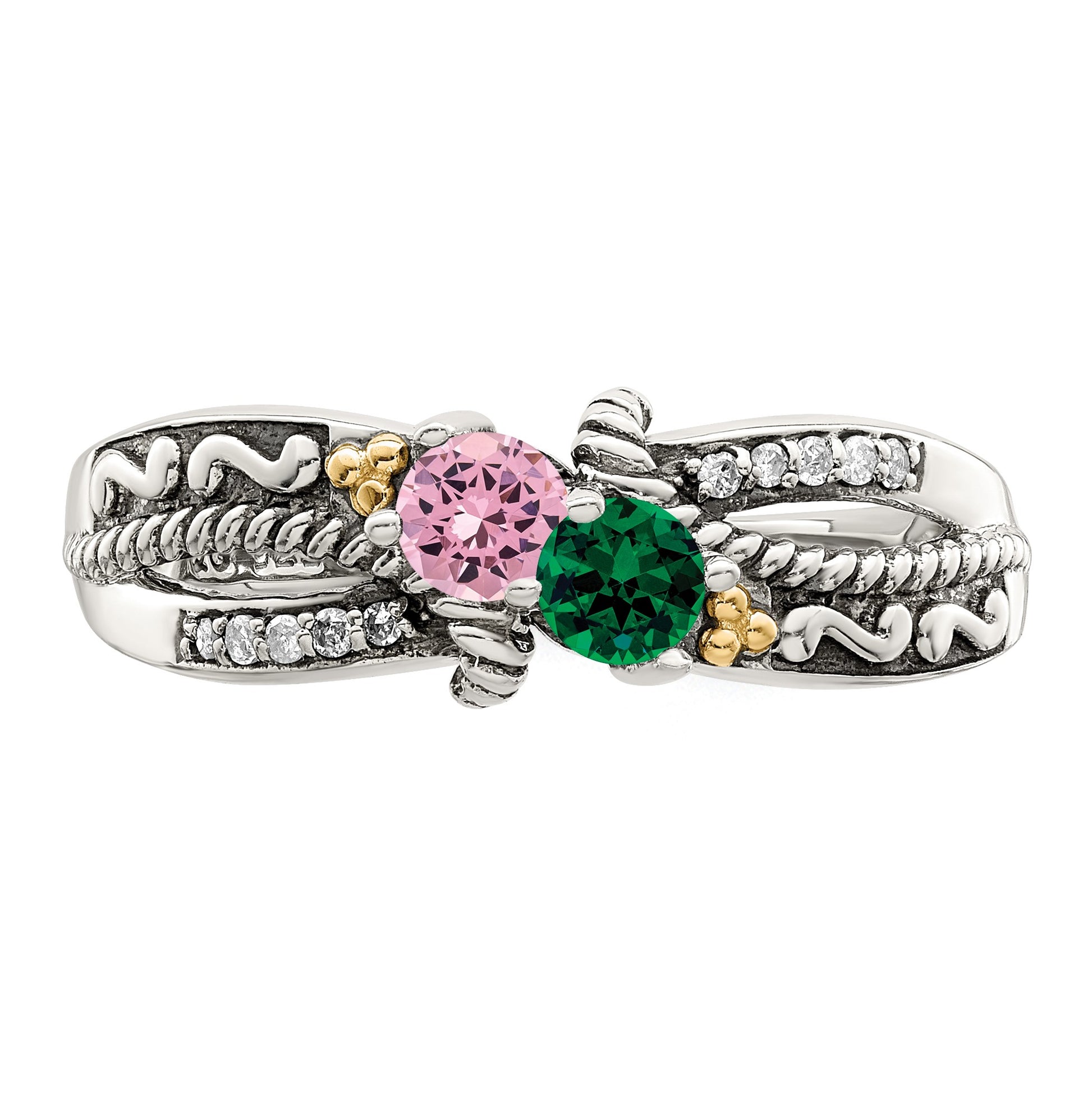 Sterling Silver Antiqued w/14k 2-stone w/Diamond Mother's Ring Semi-Mount