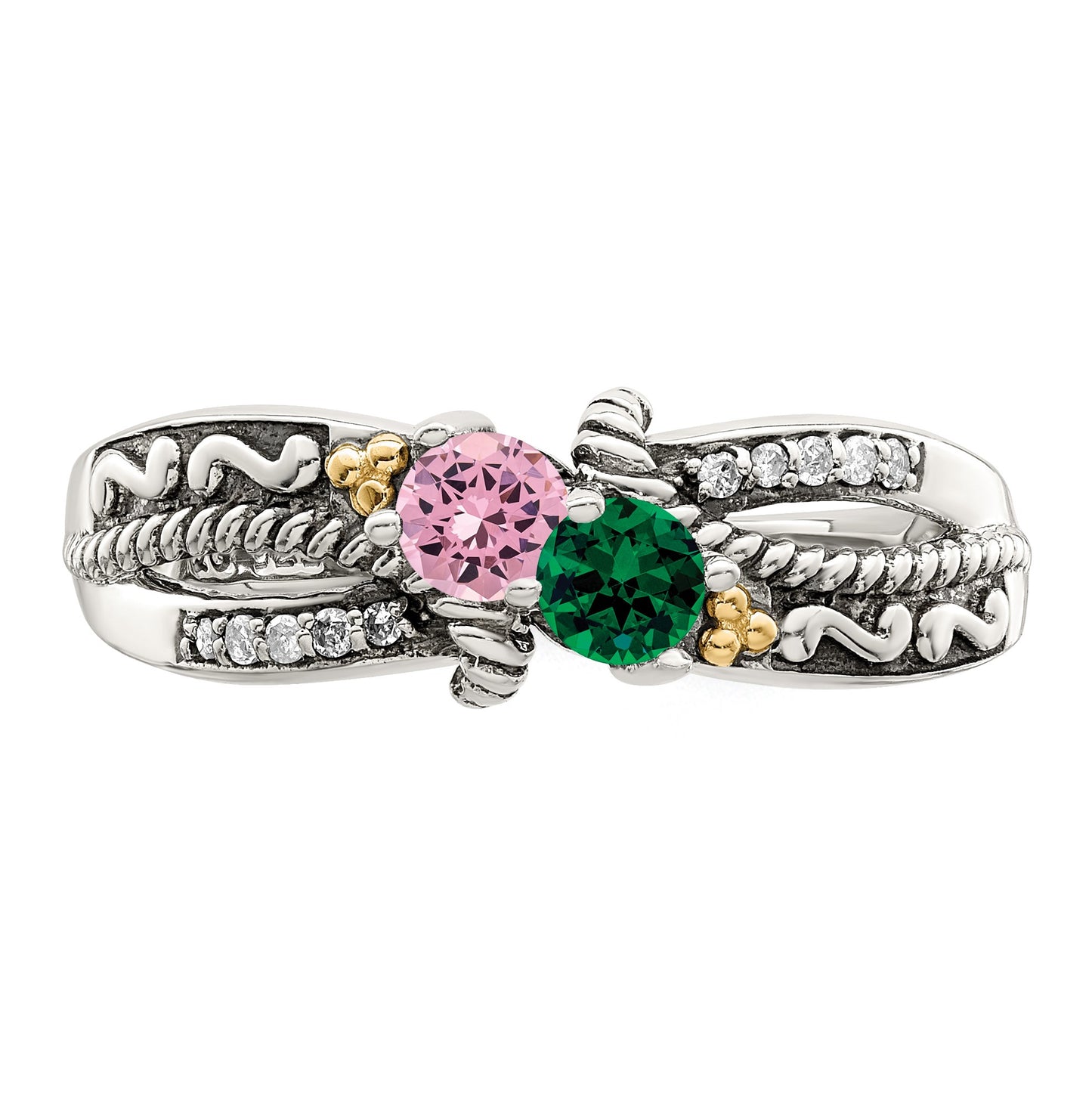 Sterling Silver Antiqued w/14k 2-stone w/Diamond Mother's Ring Semi-Mount