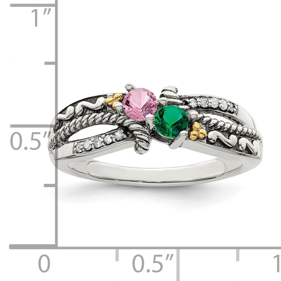Sterling Silver Antiqued w/14k 2-stone w/Diamond Mother's Ring Semi-Mount