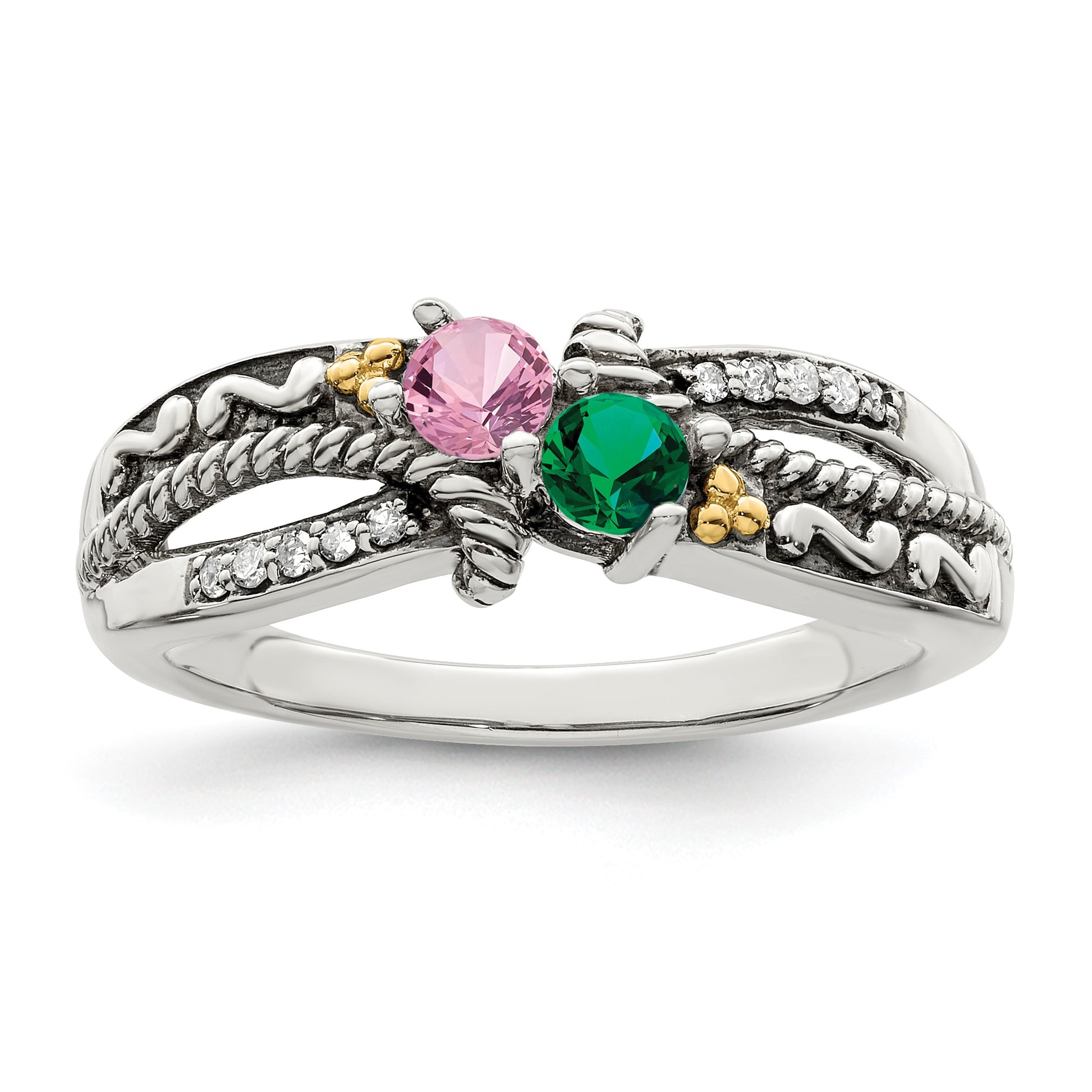 Sterling Silver Antiqued w/14k 2-stone w/Diamond Mother's Ring Semi-Mount