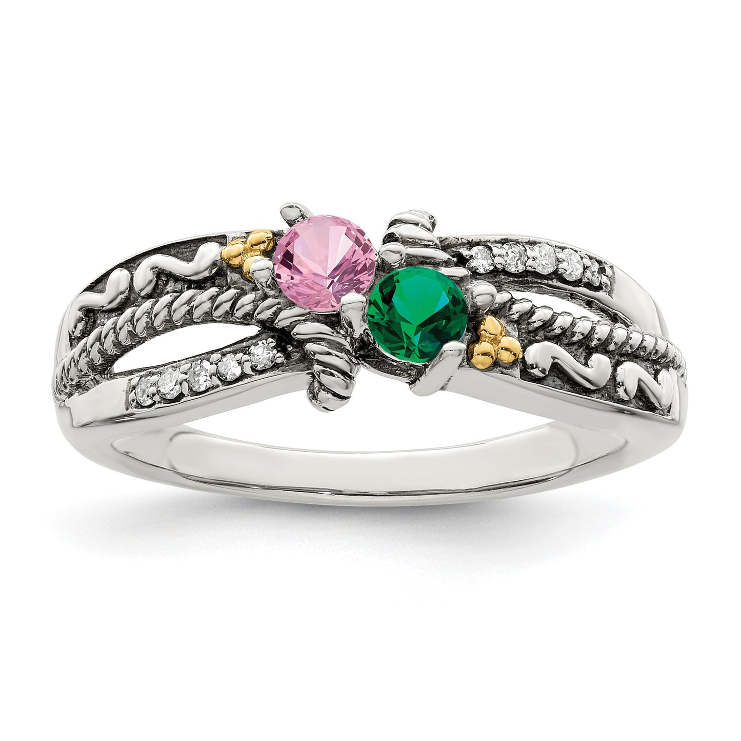 Sterling Silver Antiqued w/14k 2-stone w/Diamond Mother's Ring Semi-Mount