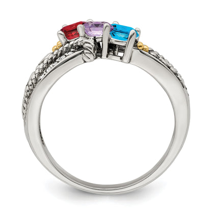 Sterling Silver Antiqued w/14k 3-stone w/Diamond Mother's Ring Semi-Mount