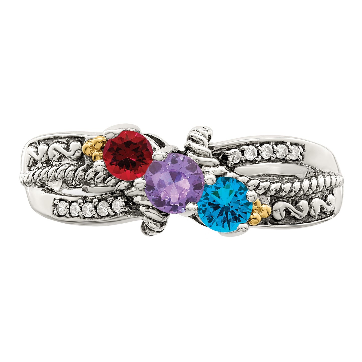Sterling Silver Antiqued w/14k 3-stone w/Diamond Mother's Ring Semi-Mount