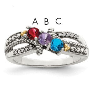 Sterling Silver Antiqued w/14k 3-stone w/Diamond Mother's Ring Semi-Mount
