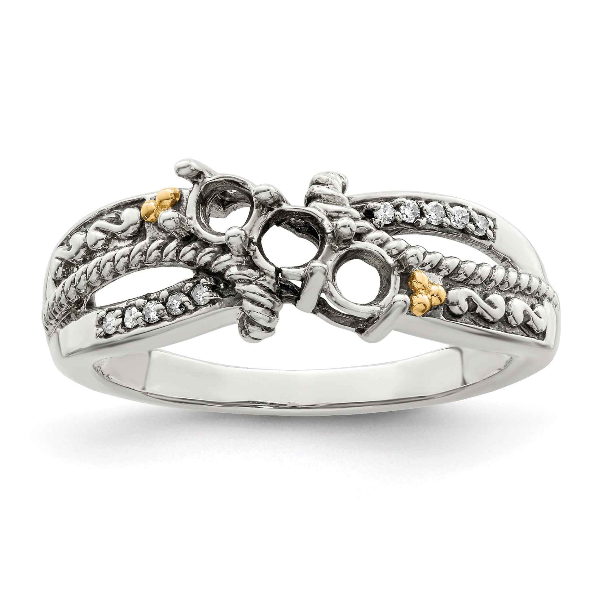 Sterling Silver Antiqued w/14k 3-stone w/Diamond Mother's Ring Semi-Mount