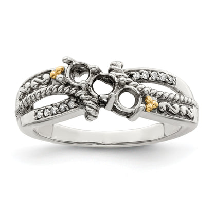 Sterling Silver Antiqued w/14k 3-stone w/Diamond Mother's Ring Semi-Mount